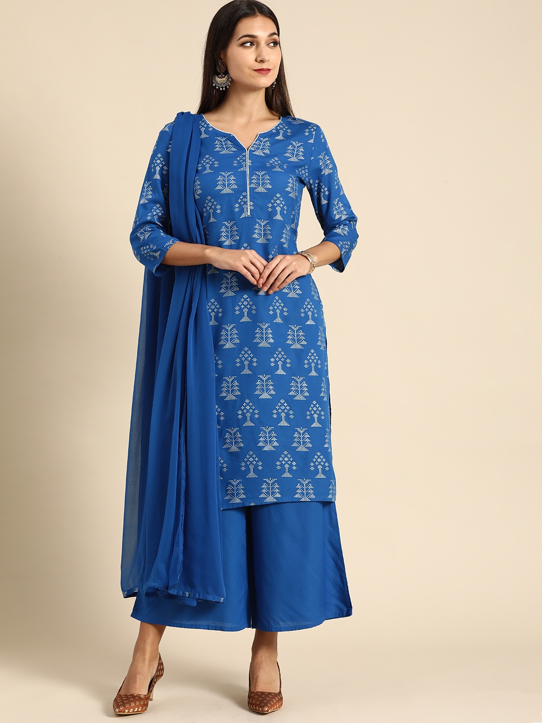 

Anouk Women Blue Printed Pure Cotton Kurta with Palazzos & Dupatta