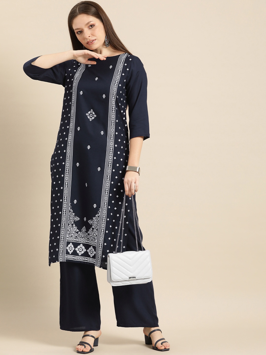 

Anouk Women Navy Blue Ethnic Motifs Printed Kurta with Palazzos