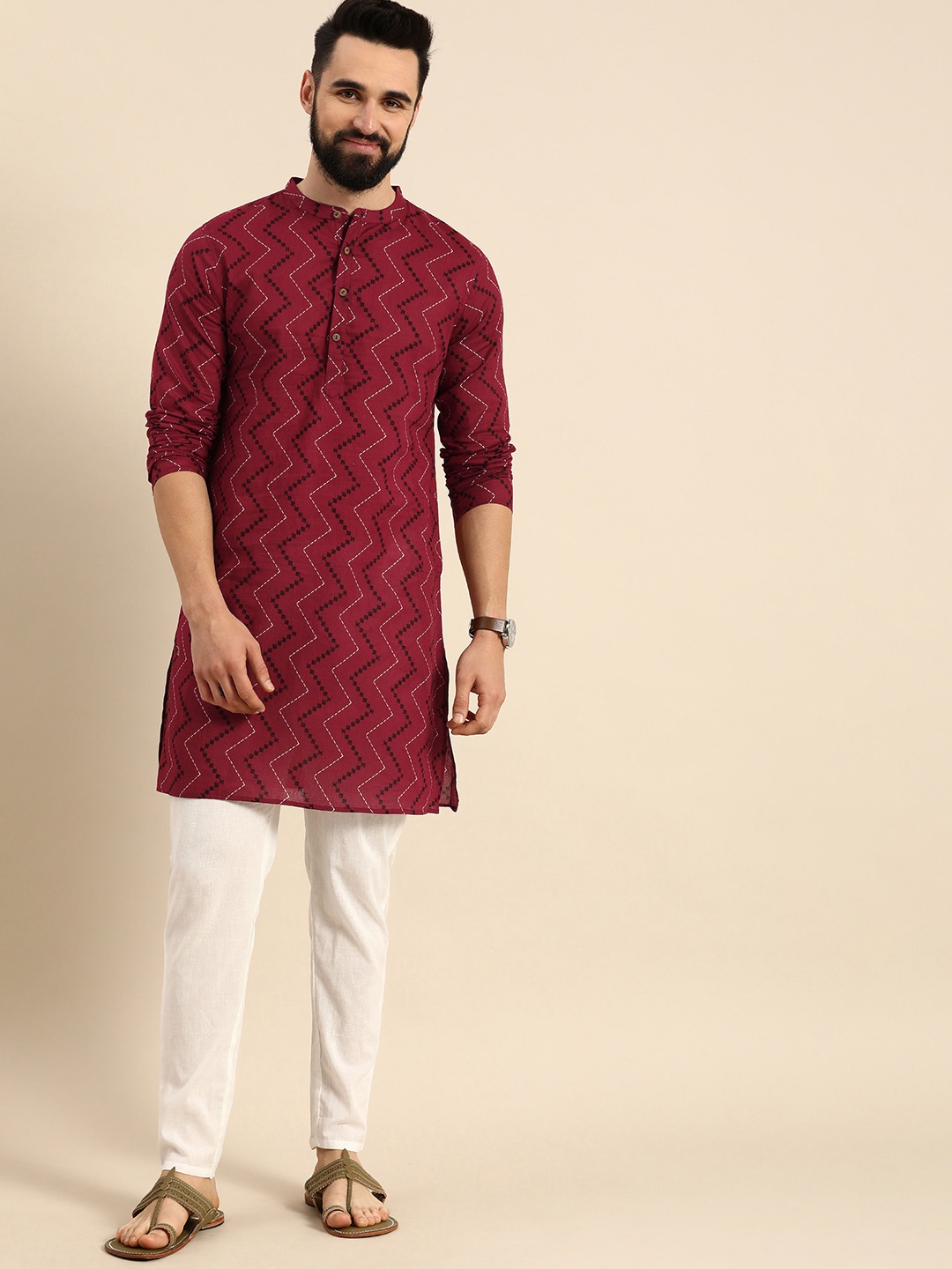 

Anouk Men Printed Pure Cotton Kurta with Trousers, Burgundy