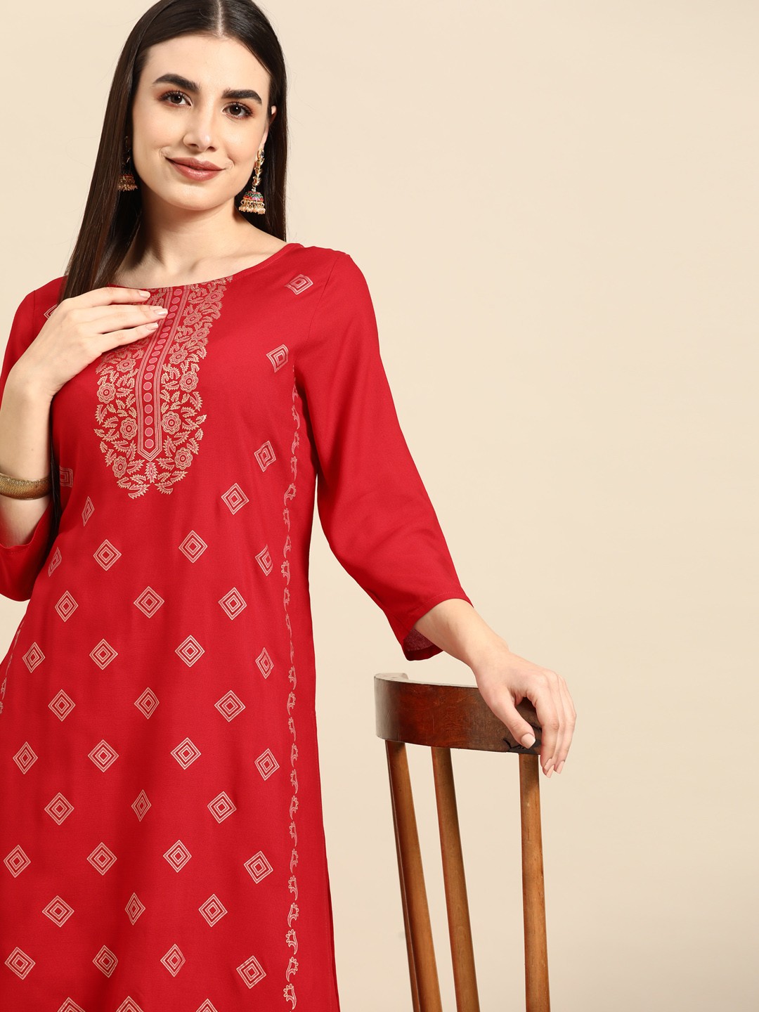 

Anouk Women Red & Golden Ethnic Motifs Printed Kurta with Palazzos