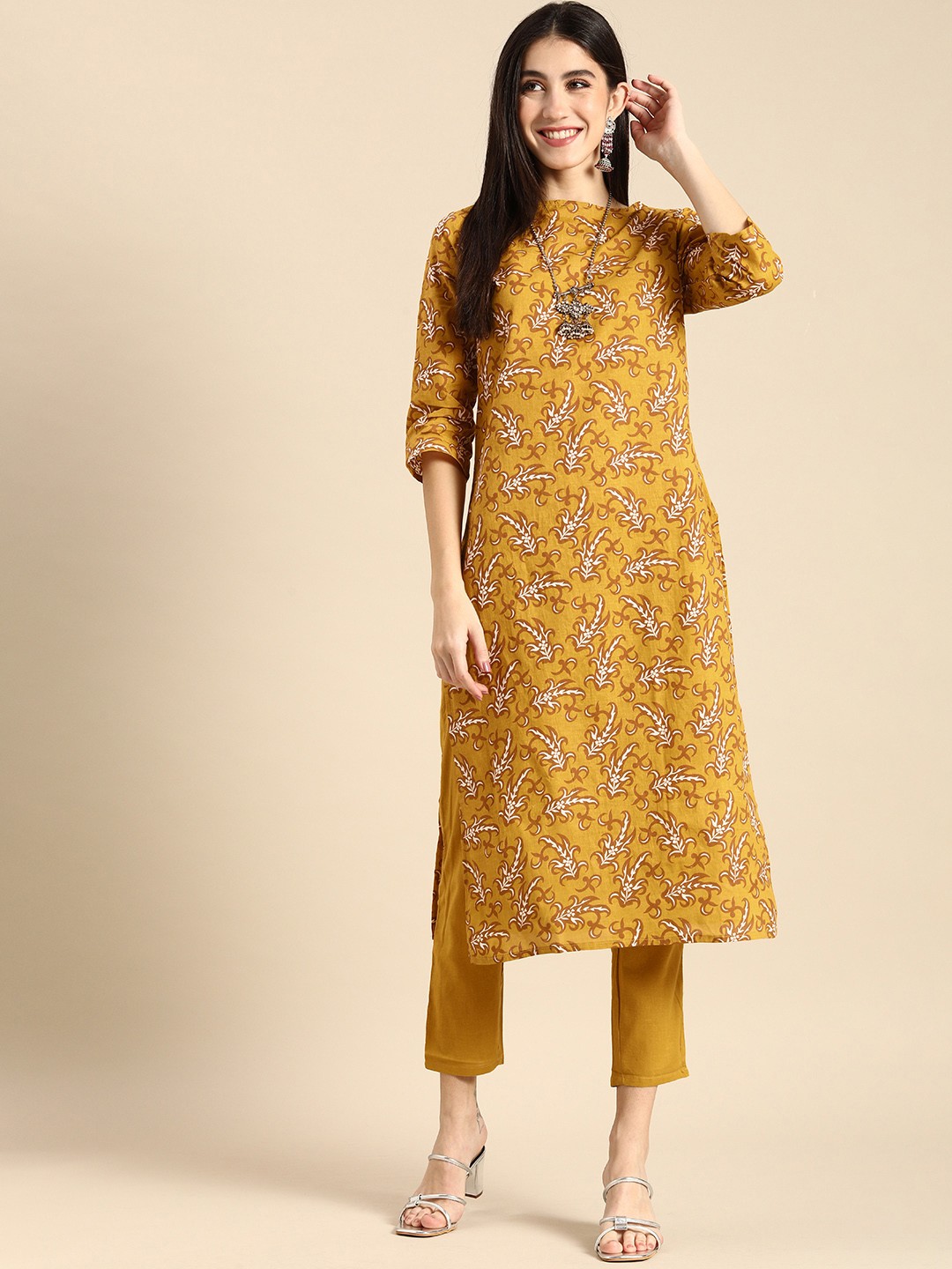 

Anouk Women Mustard Yellow Ethnic Motifs Printed Pure Cotton Kurta with Trousers