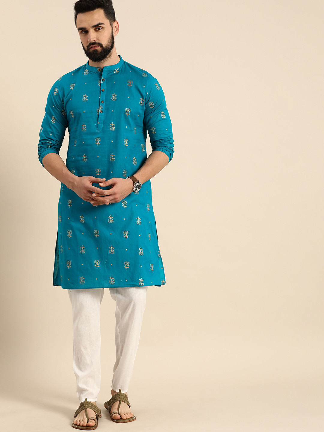

Anouk Men Pure Cotton Floral Printed Kurta with Trousers, Blue