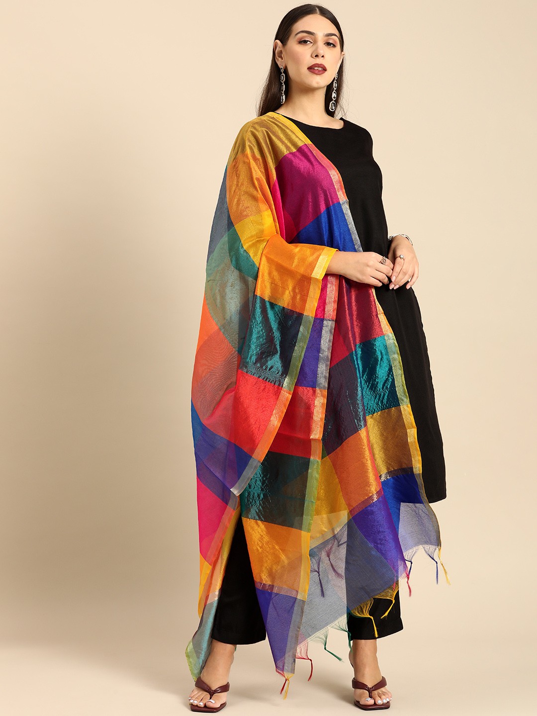 

Anouk Women Black Solid Kurta with Trousers & Multicolour Dupatta