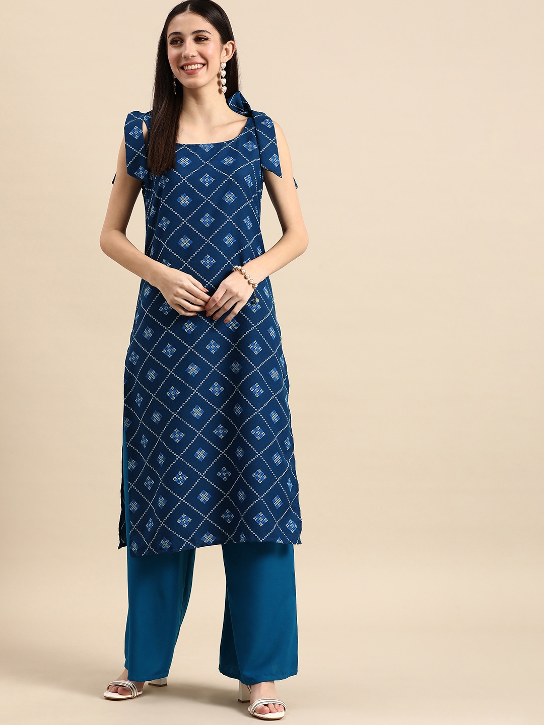 

Anouk Women Geometric Printed Shoulder Strap Kurta with Palazzos, Blue