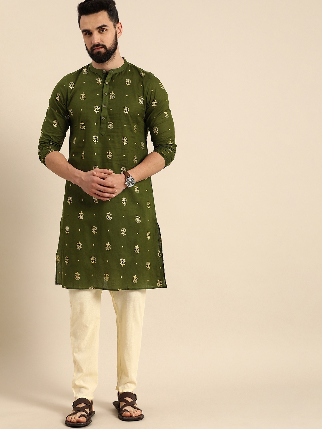 

Anouk Men Pure Cotton Floral Printed Kurta with Trousers, Olive
