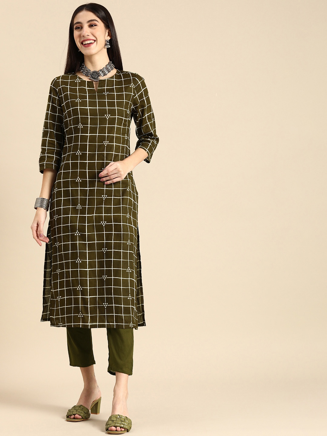 

Anouk Women Olive Green & White Checked Printed Pure Cotton Kurta with Trousers