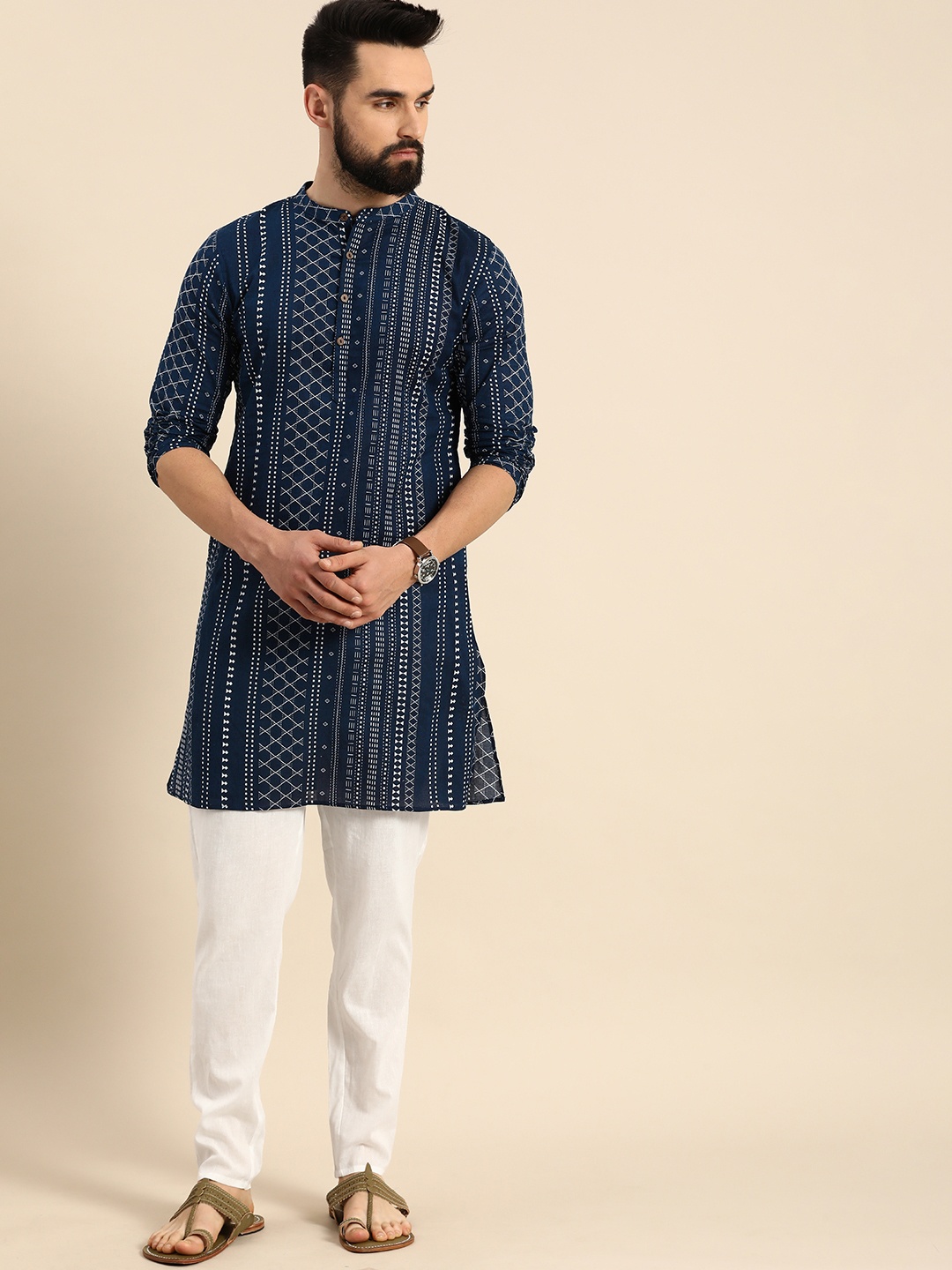 

Anouk Men Pure Cotton Printed Kurta with Trousers, Blue