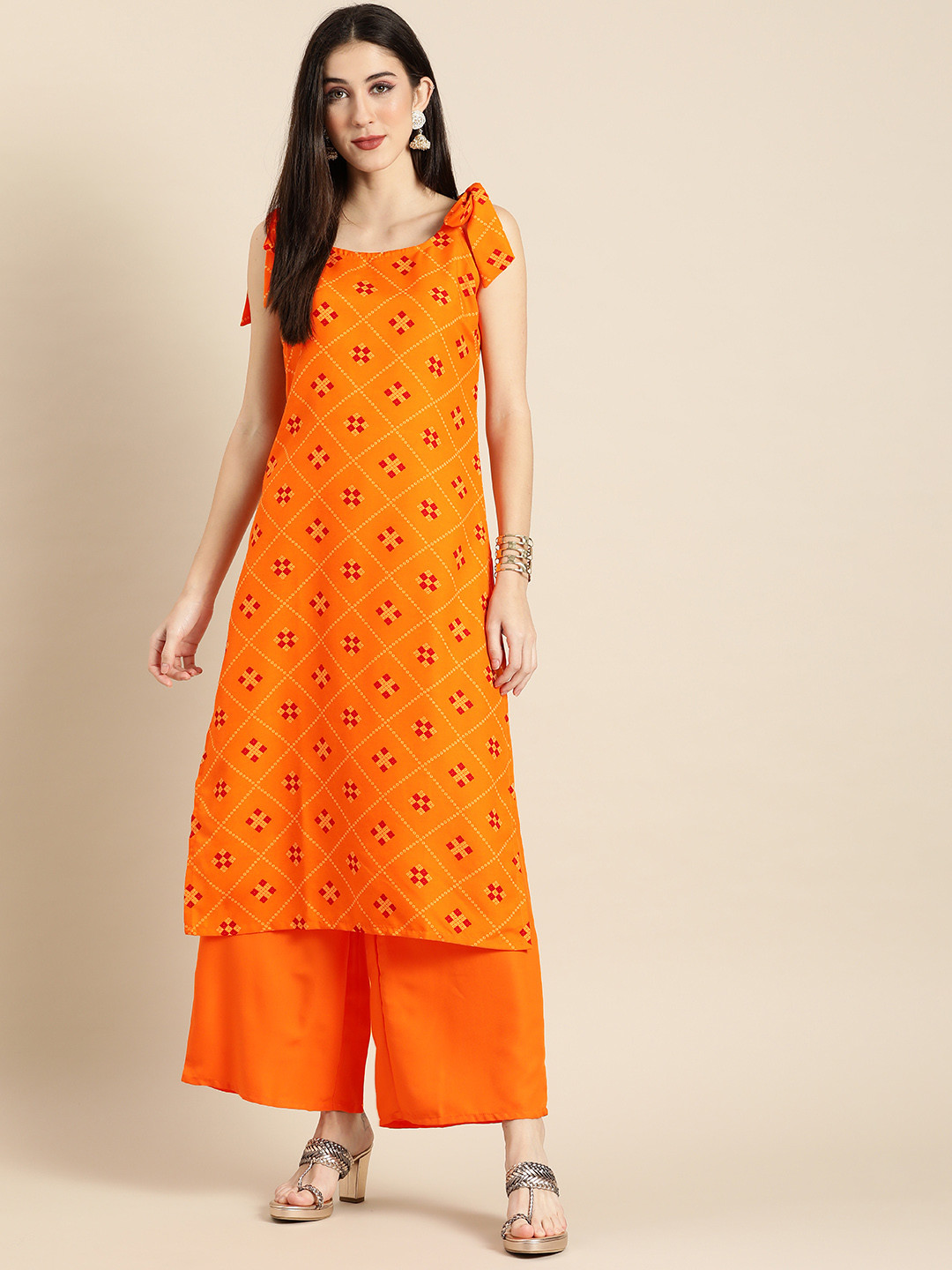 

Anouk Women Orange Bandhani Printed Kurta with Palazzos