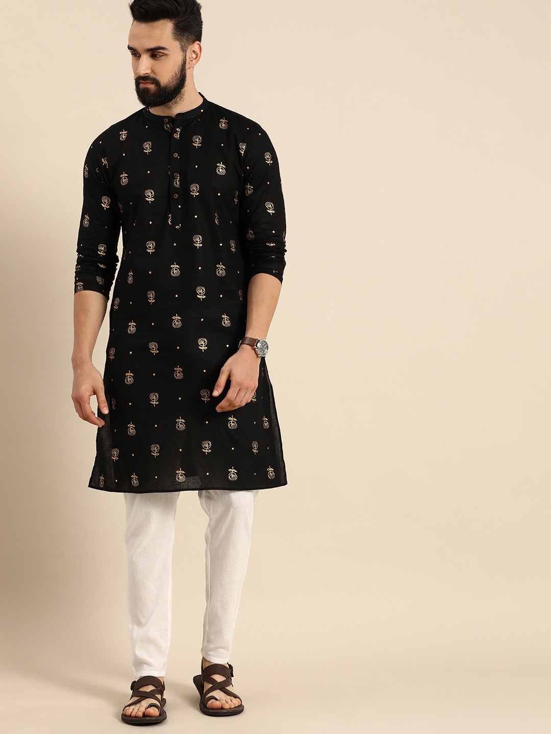 

Anouk Men Floral Printed Pure Cotton Kurta with Trousers, Black