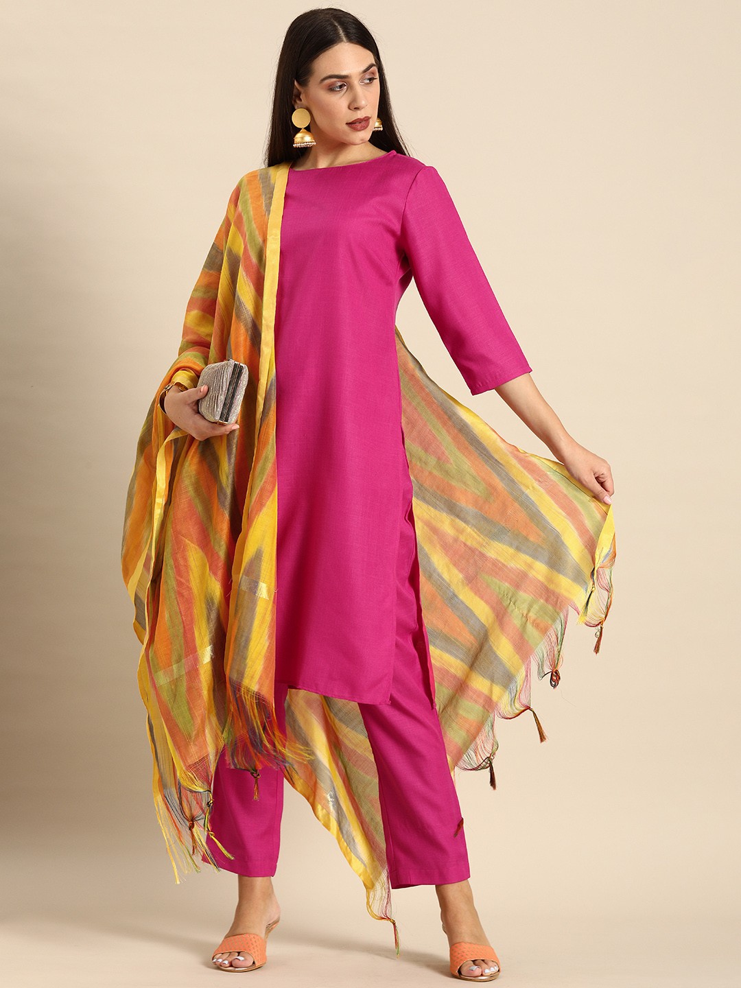 

Anouk Women Pink Solid Kurta with Trousers & Multicolour Dupatta