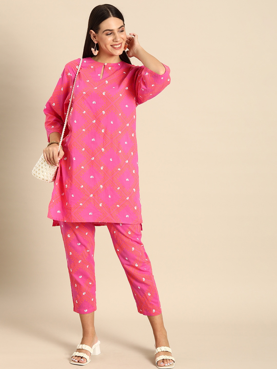 

Anouk Women Pink Ethnic Motifs Printed Pure Cotton Kurta with Trousers