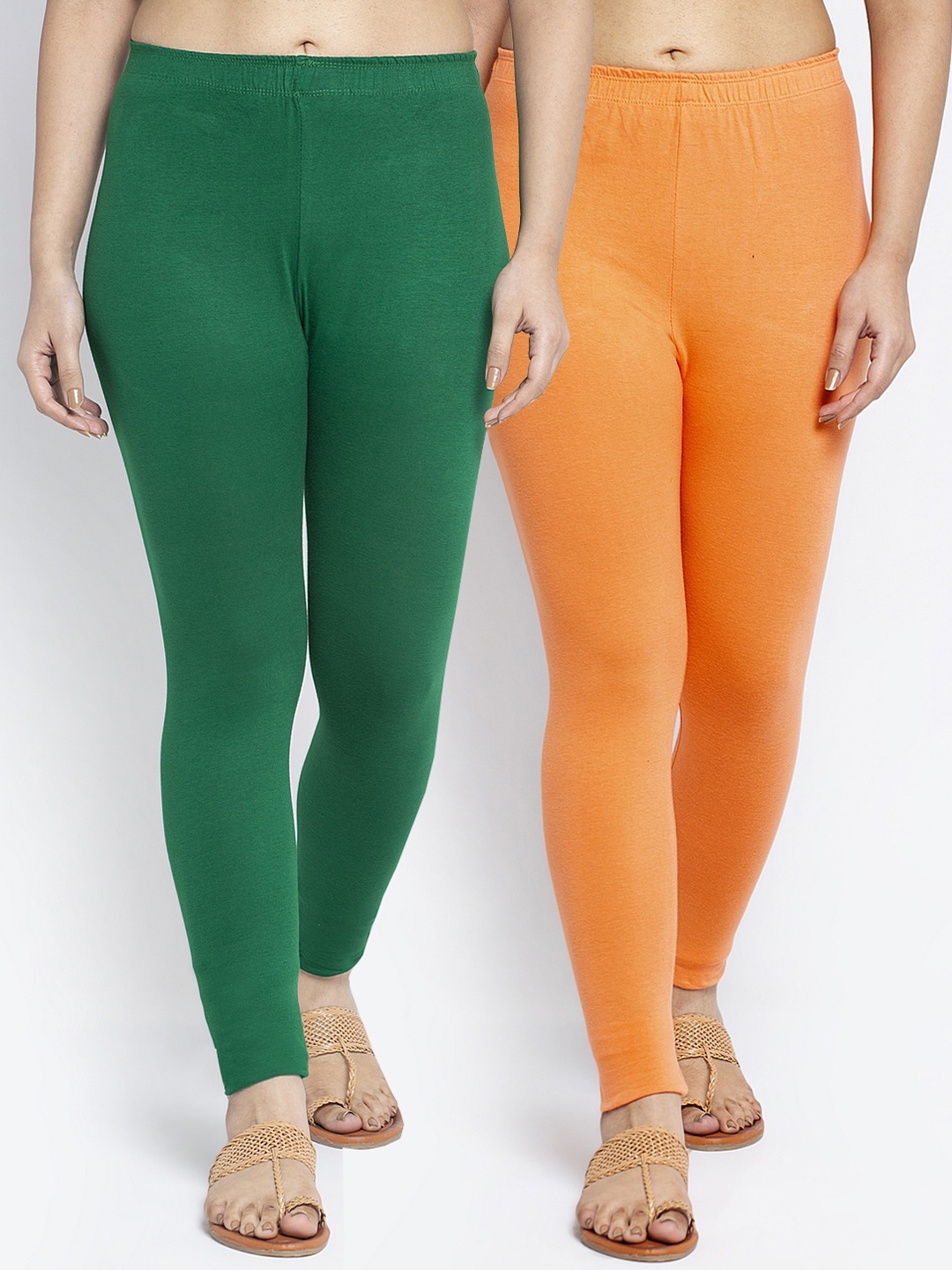 

Jinfo Women Pack Of 2 Green & Orange Solid Ankle Length Leggings