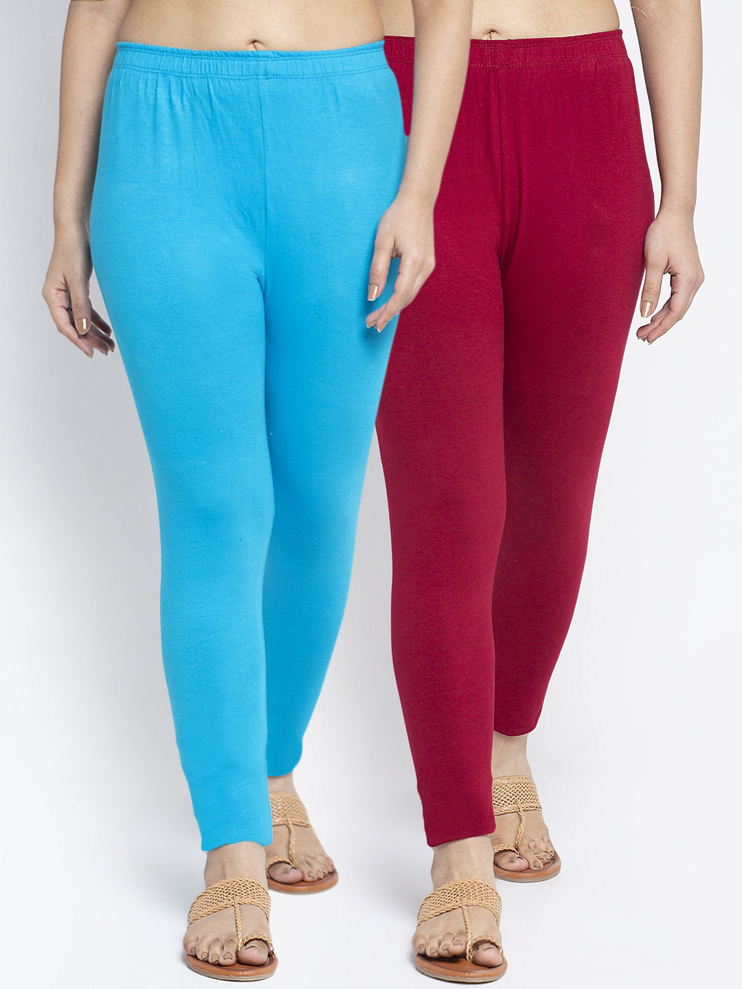 

Jinfo Women Pack of 2 Solid Maroon and Blue Ankle-Length Leggings