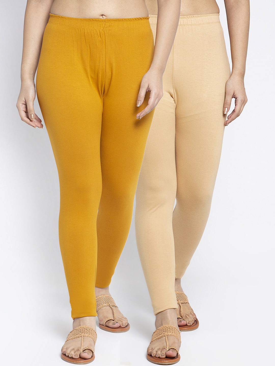 

Jinfo Women Pack Of 2 Beige & Mustard Yellow Super Combed Cotton Lycra Legging