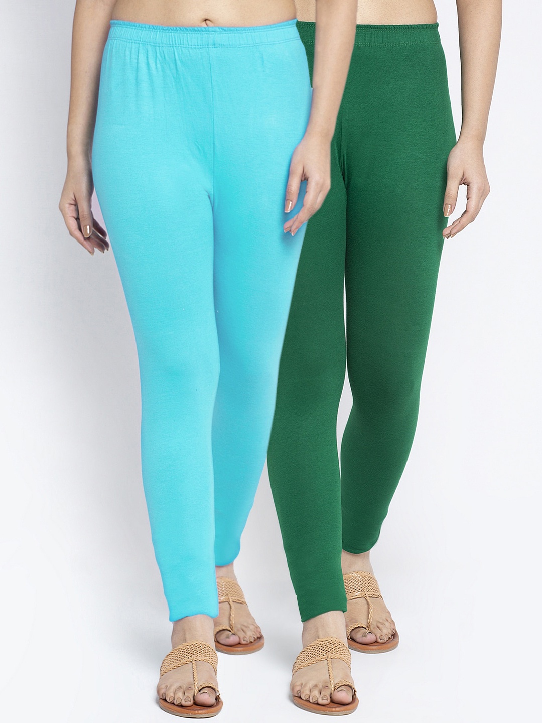 

Jinfo Women Pack Of 2 Green & Aqua Solid Ankle-Length Leggings