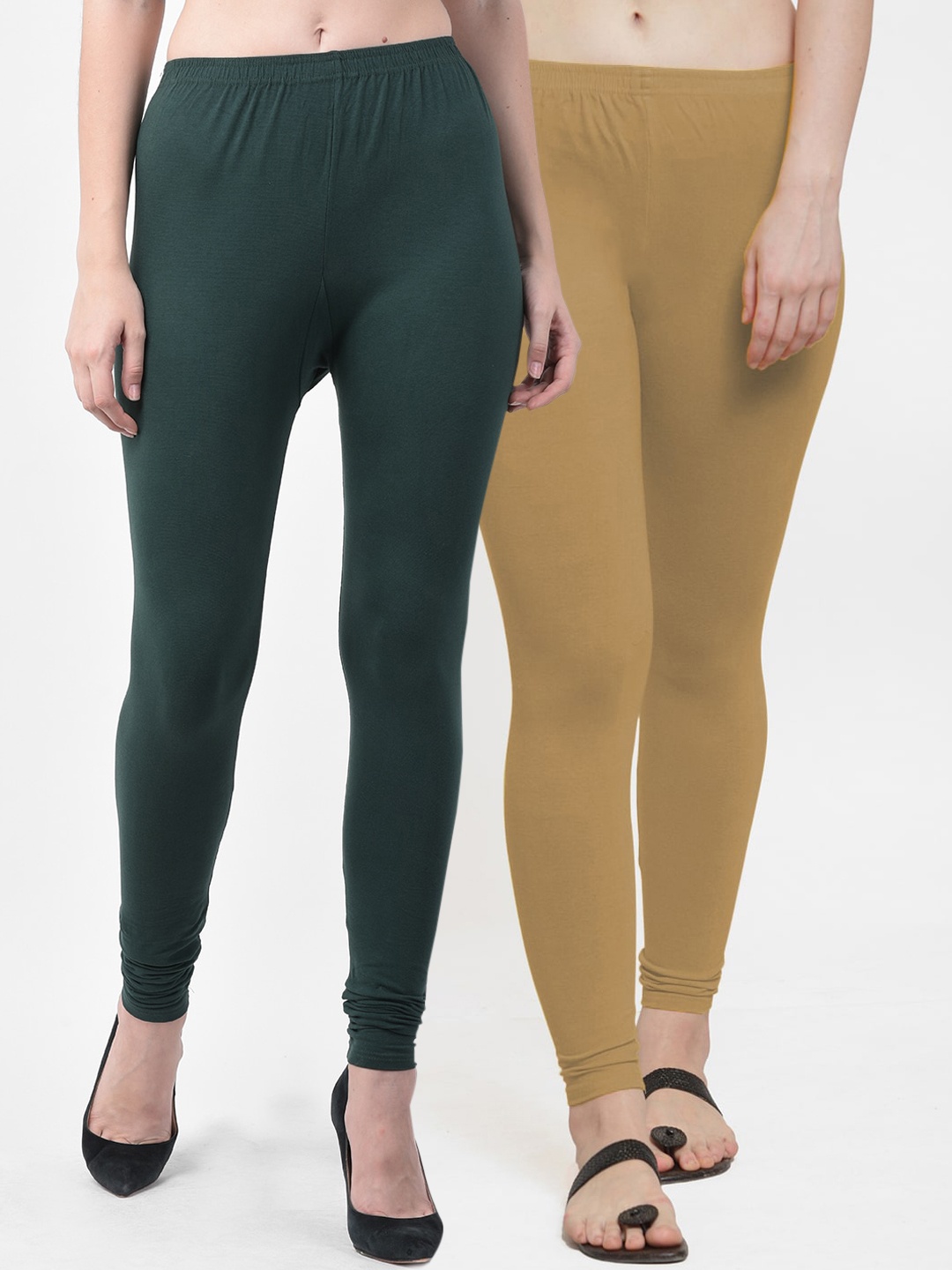 

Jinfo Women Pack Of 2 Green & Khaki Solid Cotton Ankle Length Leggings