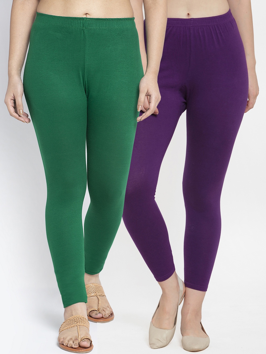 

Jinfo Women Pack Of 2 Purple and Green Solid Ankle-Length Leggings