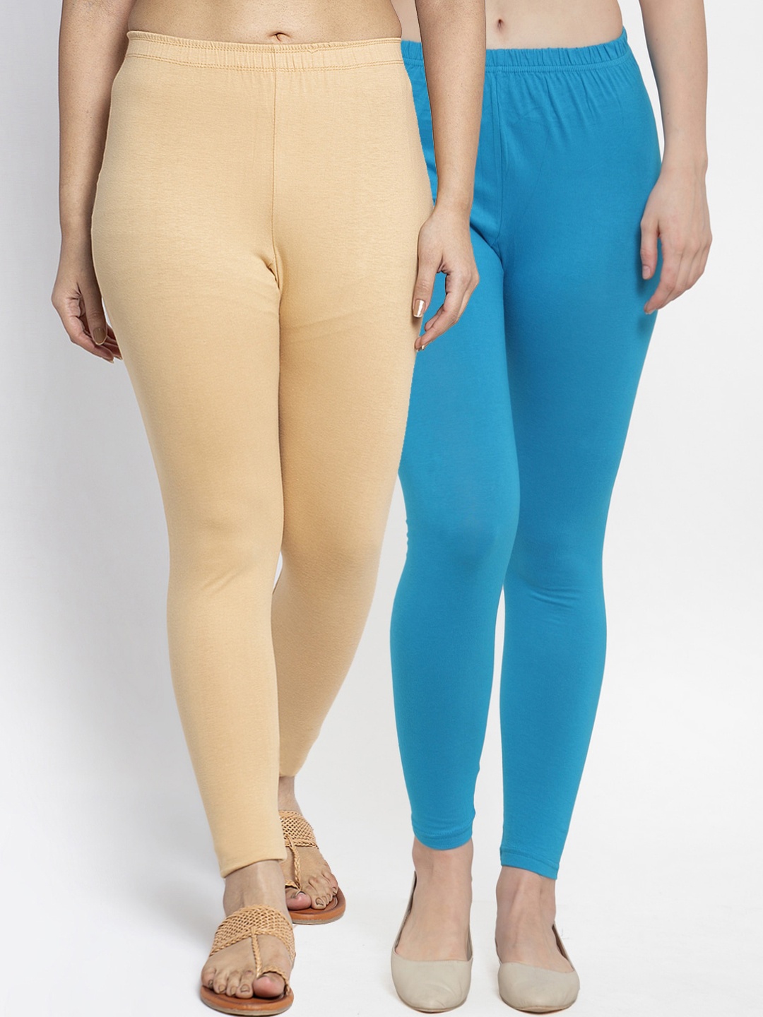 

Jinfo Women's Pack Of 2 Solid Ankle Length Leggings, Beige