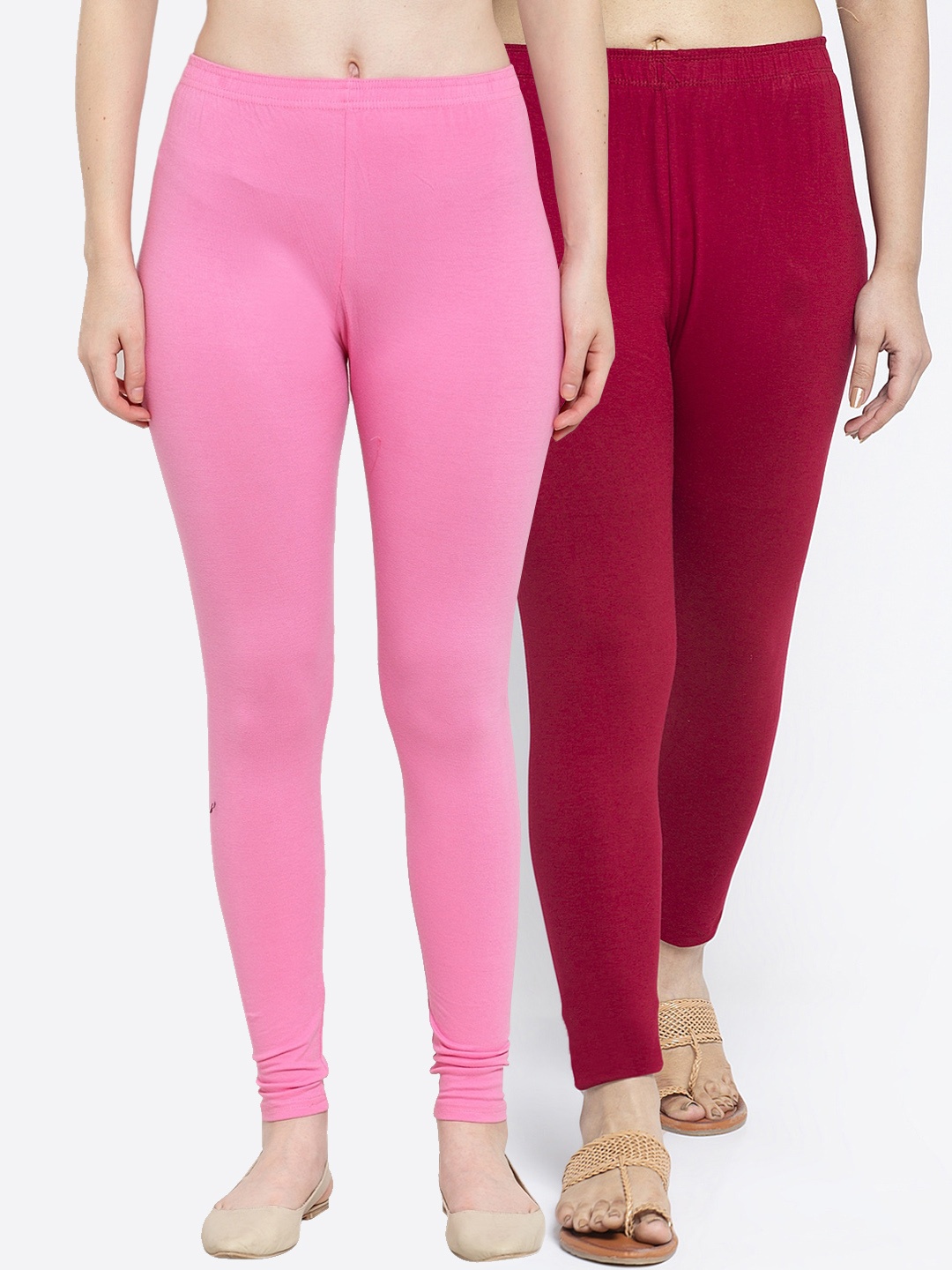 

Jinfo Women Pack Of 2 Solid Ankle-Length Leggings, Pink