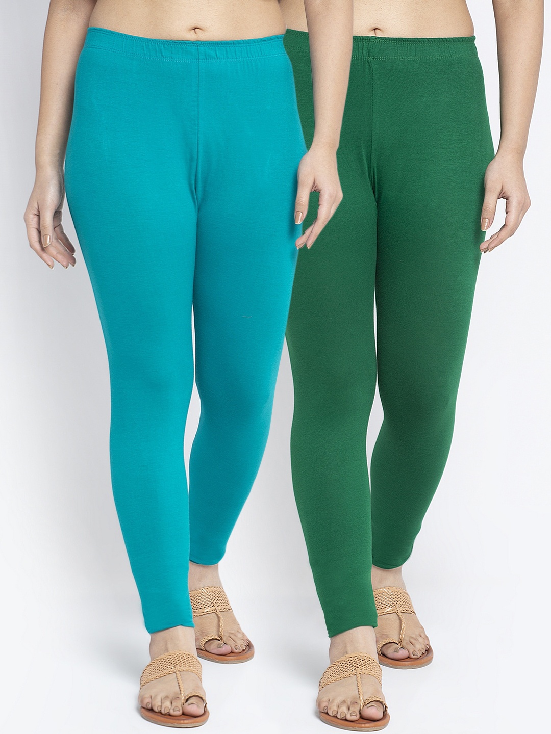 

Jinfo Women Pack Of 2 Solid Ankle Length Leggings, Green