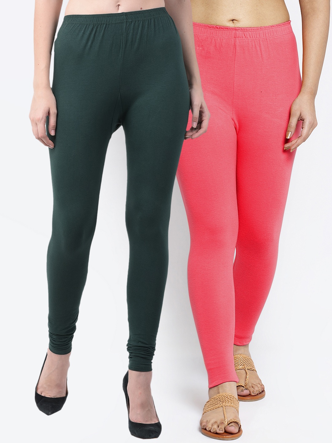 

Jinfo Women Pack Of 2 Solid Ankle-Length Super combed Cotton Lycra Leggings, Green