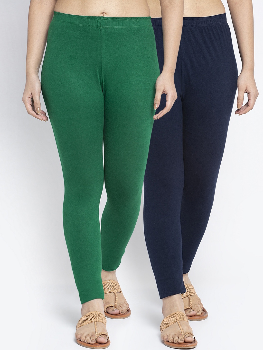 

Jinfo Women Pack Of 2 Green Navy Blue Solid Super combod Cotton Ankle-Length Leggings