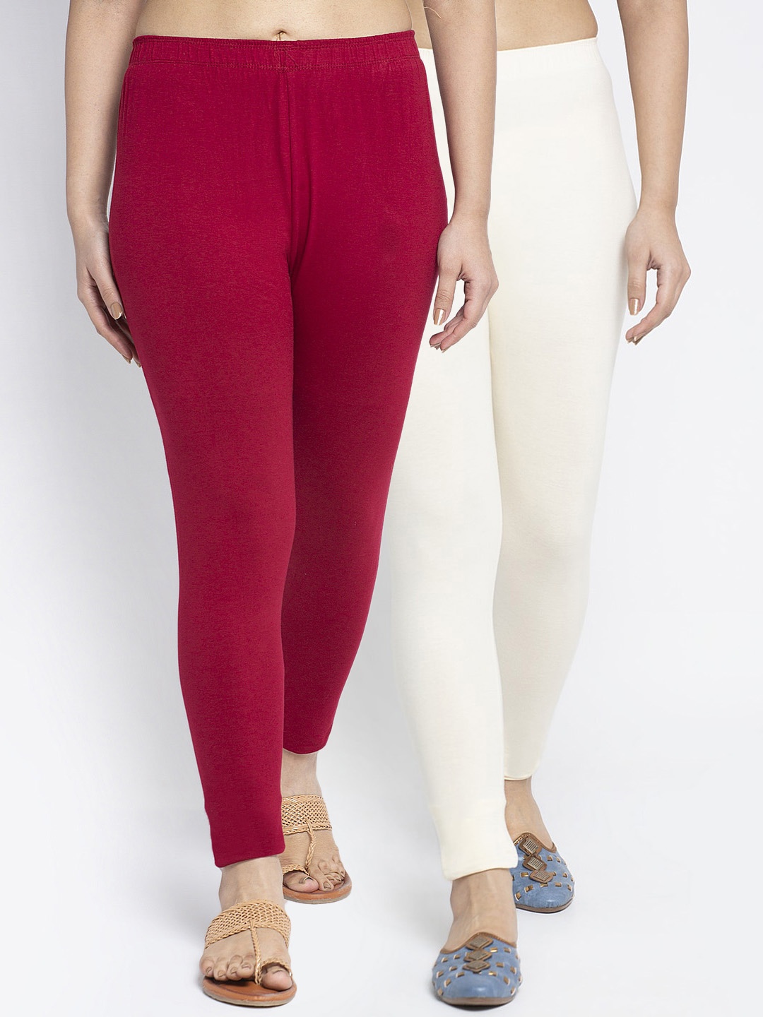

Jinfo Women Maroon & Off White Pack Of 2 Solid Ankle-Length Leggings