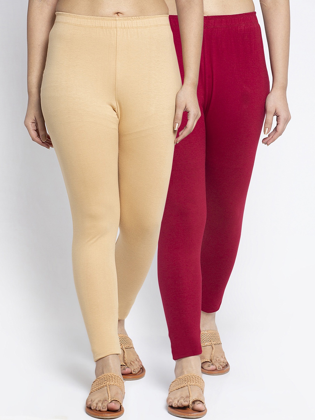 

Jinfo Women Pack Of 2 Solid Ankle Length Leggings, Beige