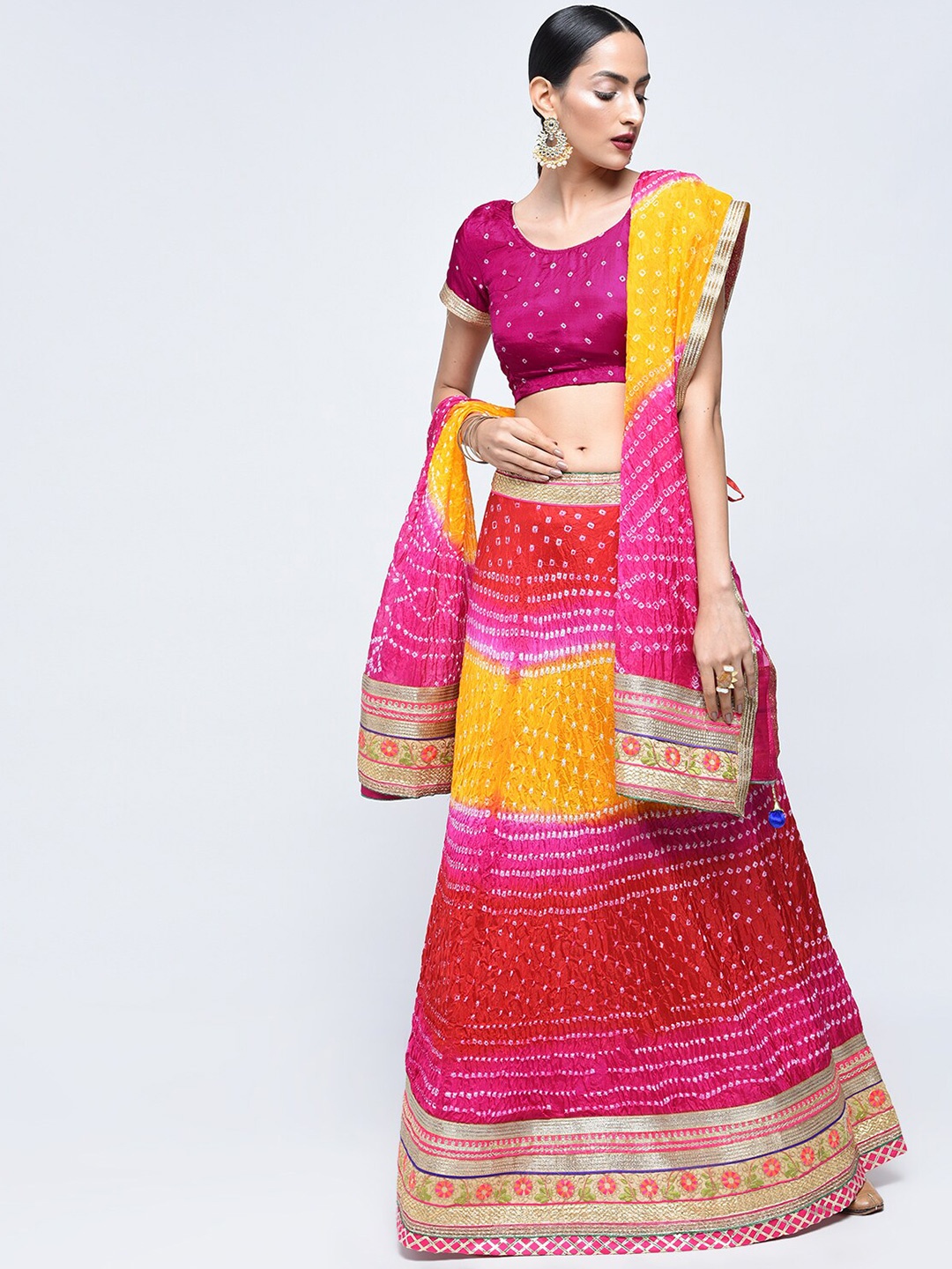 

Kastiel Pink & Yellow Embellished Sequinned Ready to Wear Lehenga & Unstitched Blouse With Dupatta
