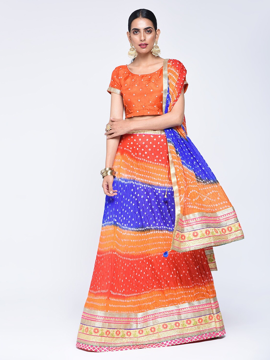 

Kastiel Orange & Blue Embellished Ready to Wear Lehenga & Unstitched Blouse With Dupatta