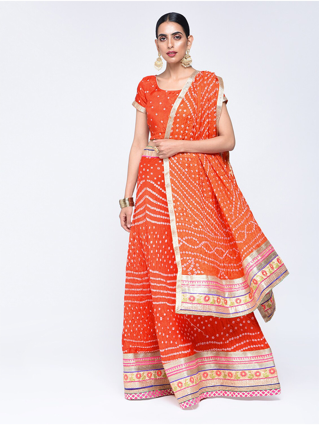 

Kastiel Orange & Off White Embellished Sequinned Ready to Wear Lehenga & Unstitched Blouse With Dupatta