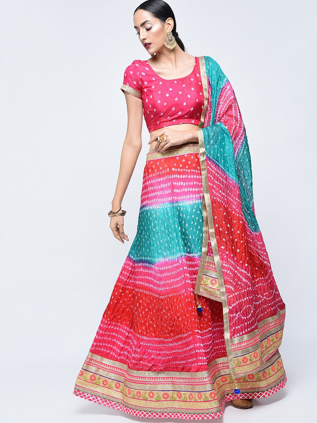 

Kastiel Women Pink & Blue Ready to Wear Lehenga & Unstitched Blouse With Dupatta