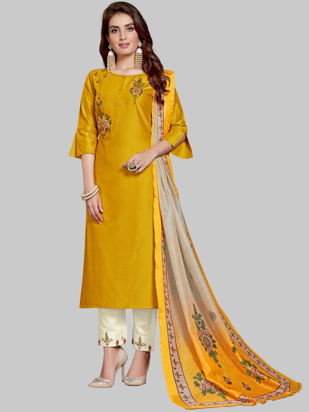 

7TH FAB Women Mustard Yellow Embroidered Silk Straight Kurta With Trouser & Dupatta