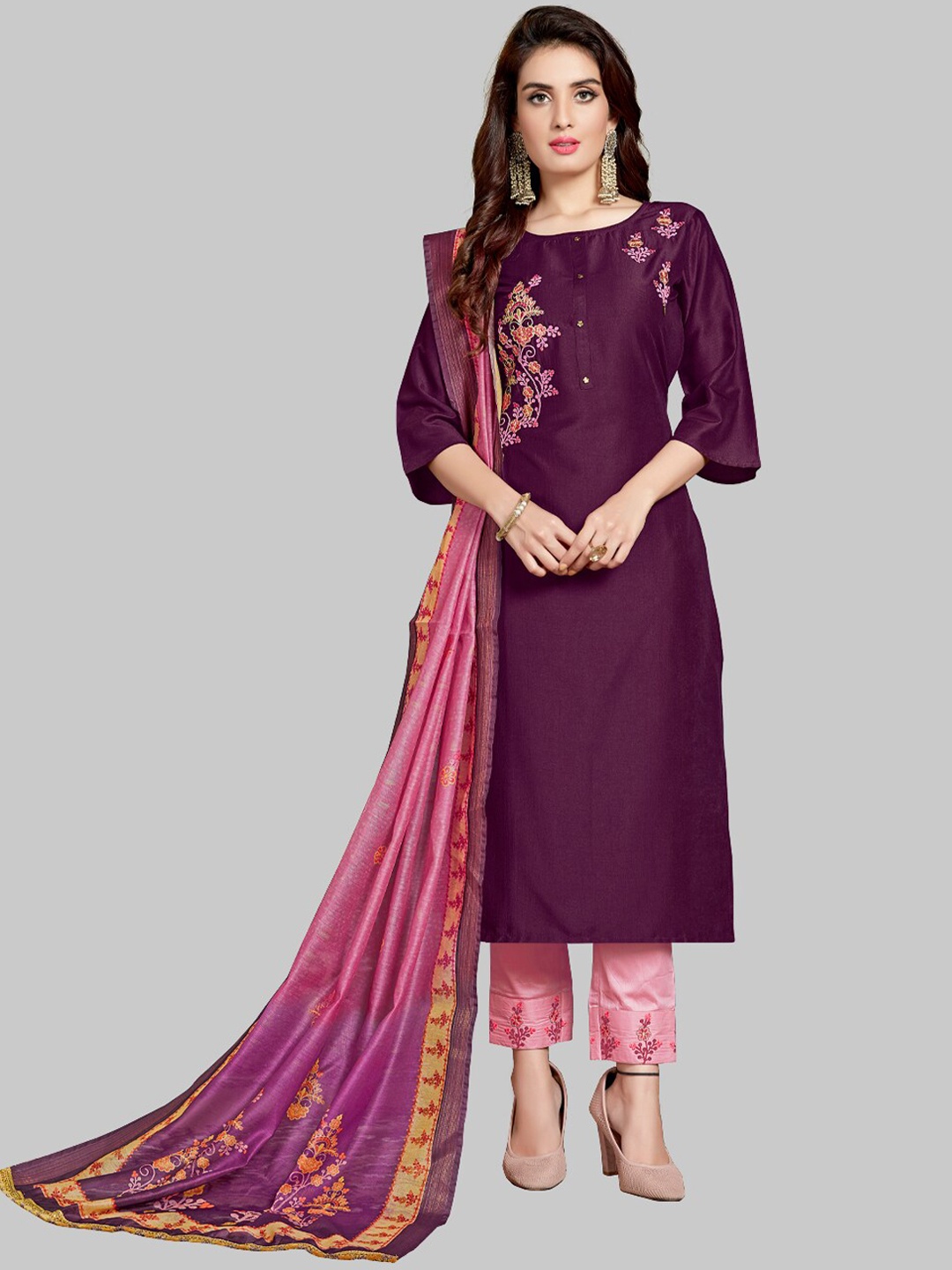 

7TH FAB Women Burgundy Floral Embroidered Silk Kurta With Trouser & Dupatta
