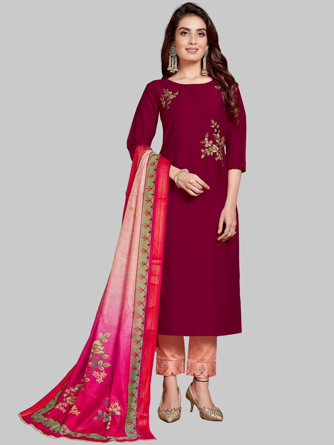 

7TH FAB Women Red Floral Embroidered Pure Silk Kurta with Trousers & With Dupatta