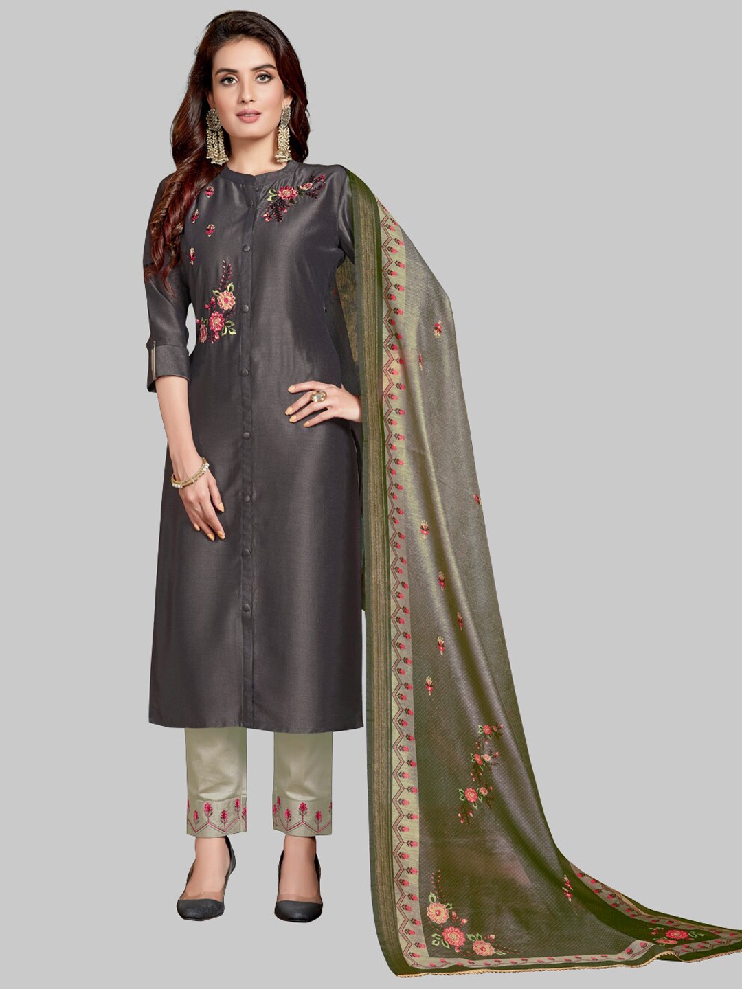 

7TH FAB Women Grey Floral Embroidered Pure Silk Kurta with Trousers & With Dupatta
