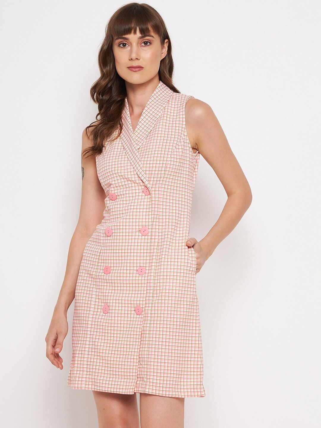 

Madame Peach-Coloured Checked Dress