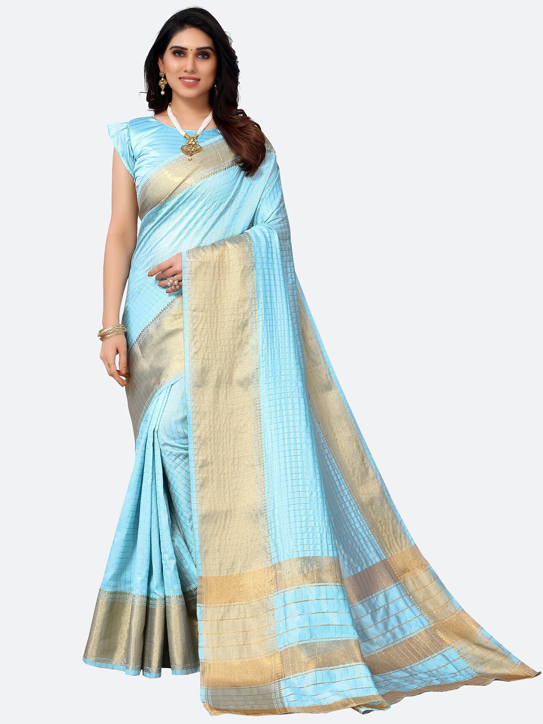 

KALINI Turquoise Blue & Gold-Toned Checked Zari Saree