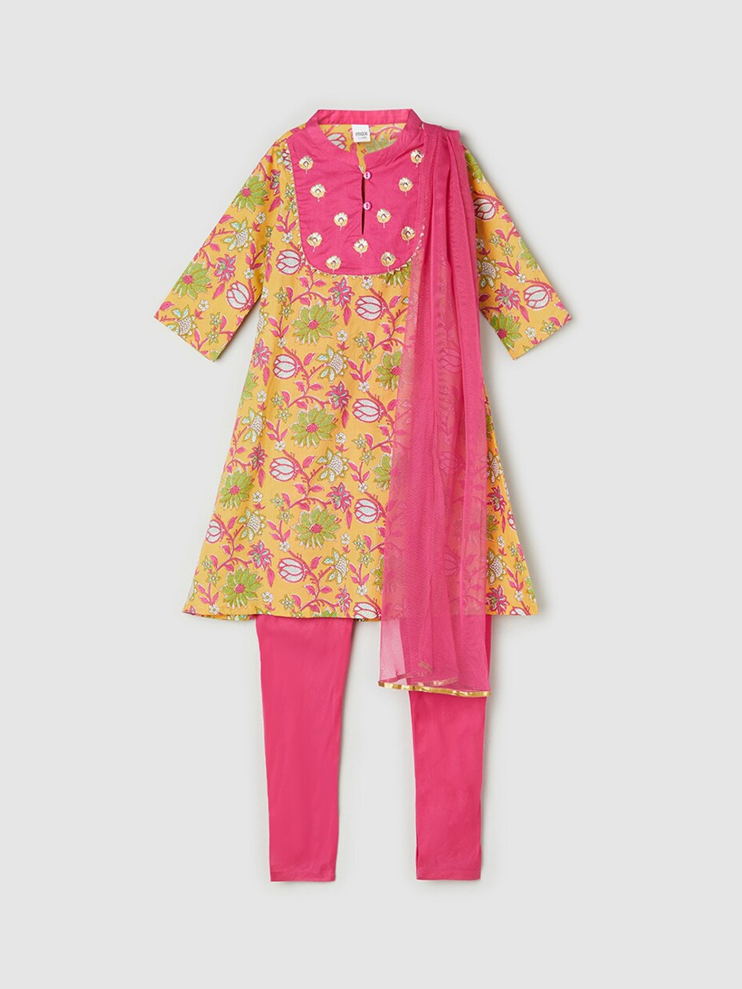 

max Girls Fuchsia Floral Printed Pure Cotton Kurta Churidar & Dupatta