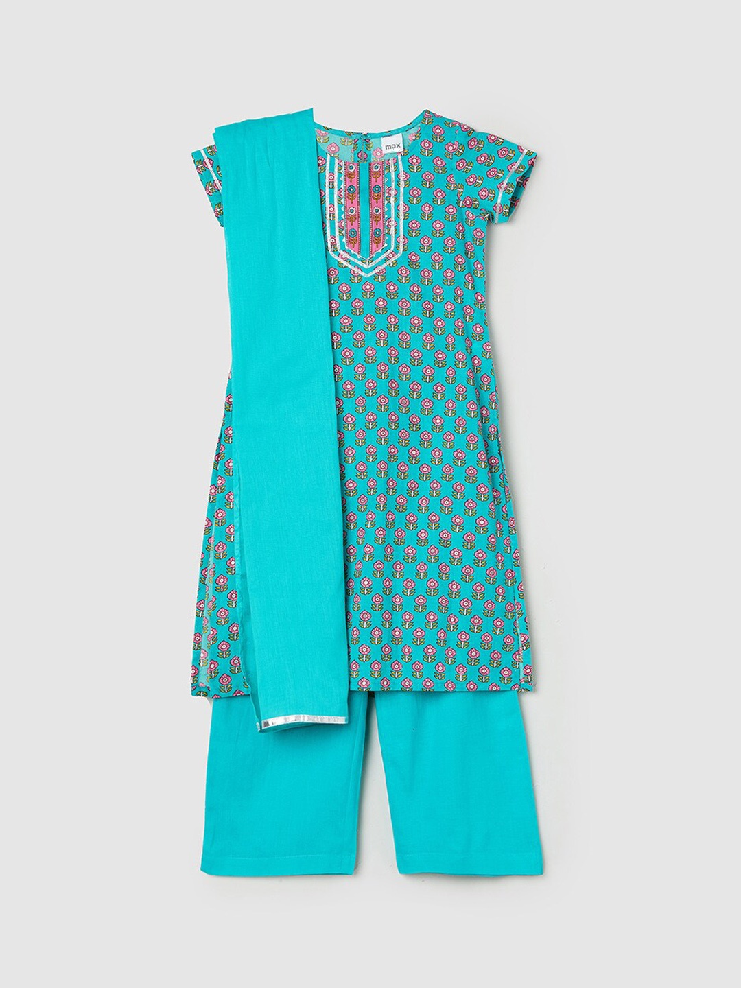 

max Girls Blue Ethnic Motifs Printed Pure Cotton Kurta with Salwar & With Dupatta