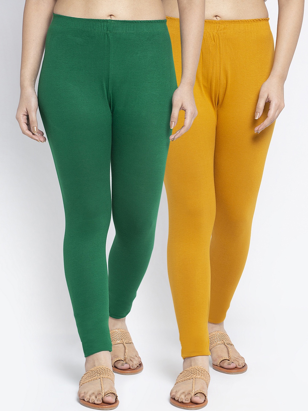 

GRACIT Women Pack Of 2 Solid Cotton Lycra Ankle Length Leggings, Green