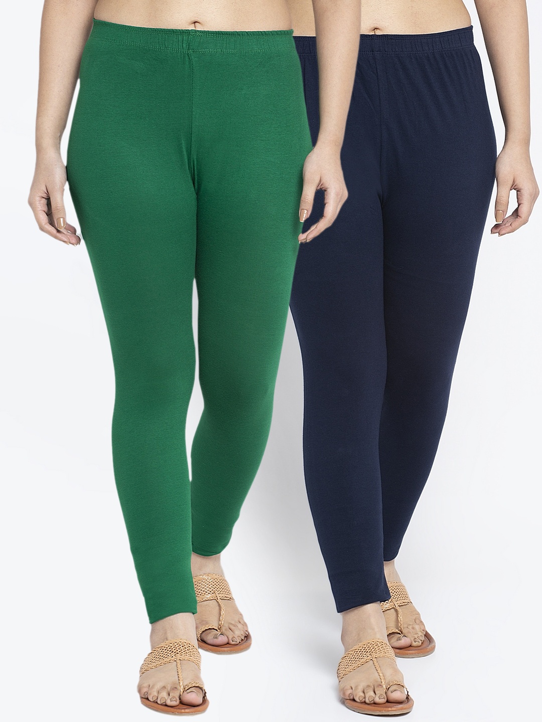 

GRACIT Women Pack Of 2 Green & Blue Solid Ankle Length Leggings