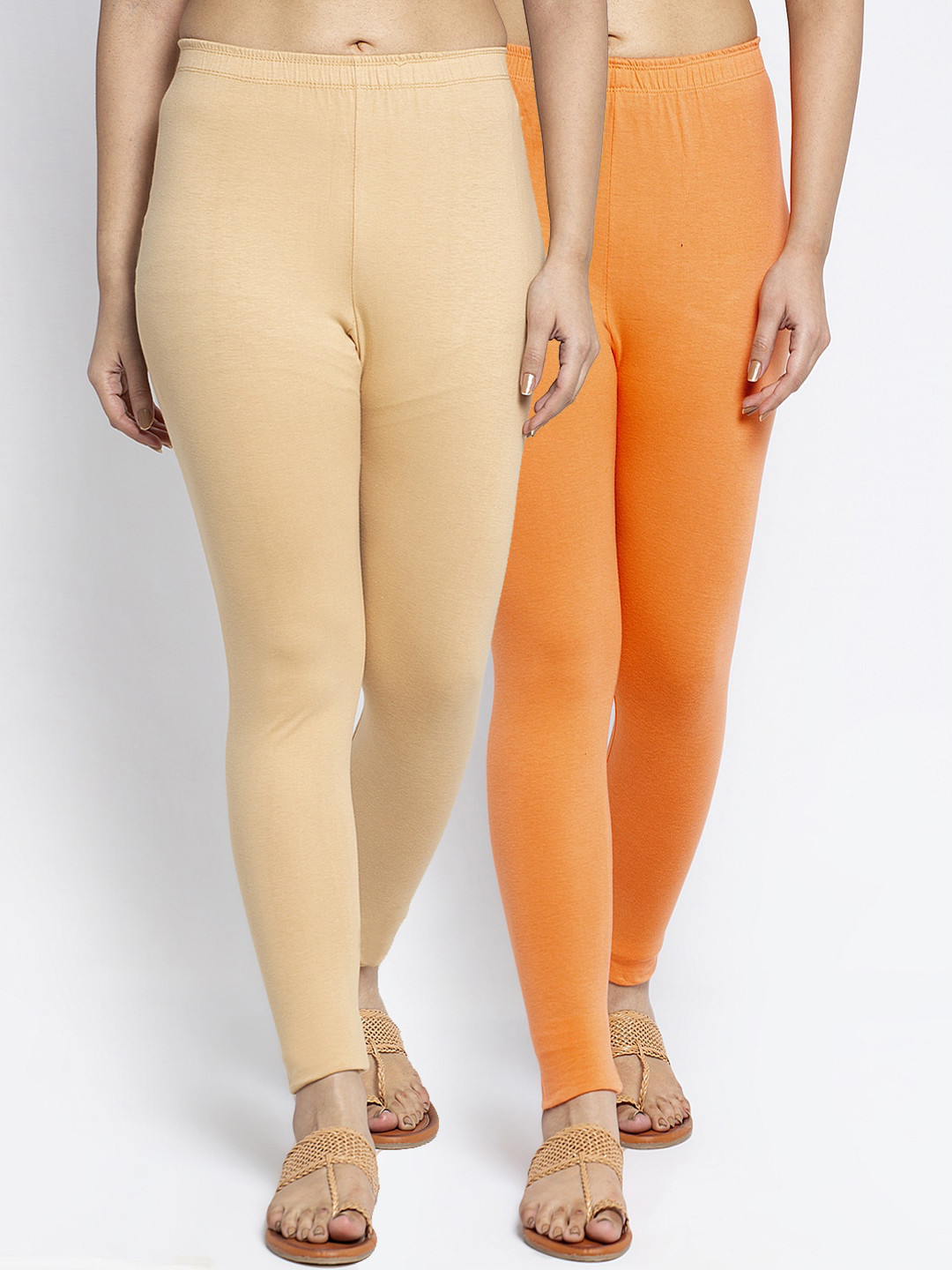 

GRACIT Pack Of 2 Women Beige & Orange Solid Cotton Ankle Length Leggings