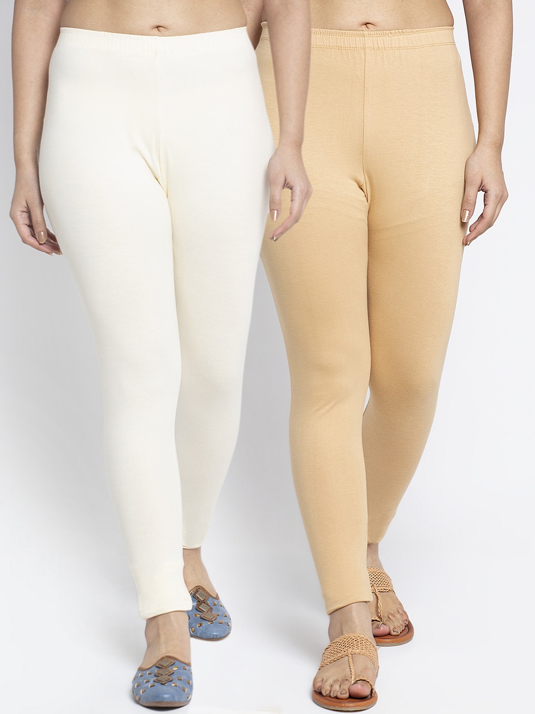 

GRACIT Women Pack Of 2 Off-White and BeigeSolid Ankle Length Leggings, Beige