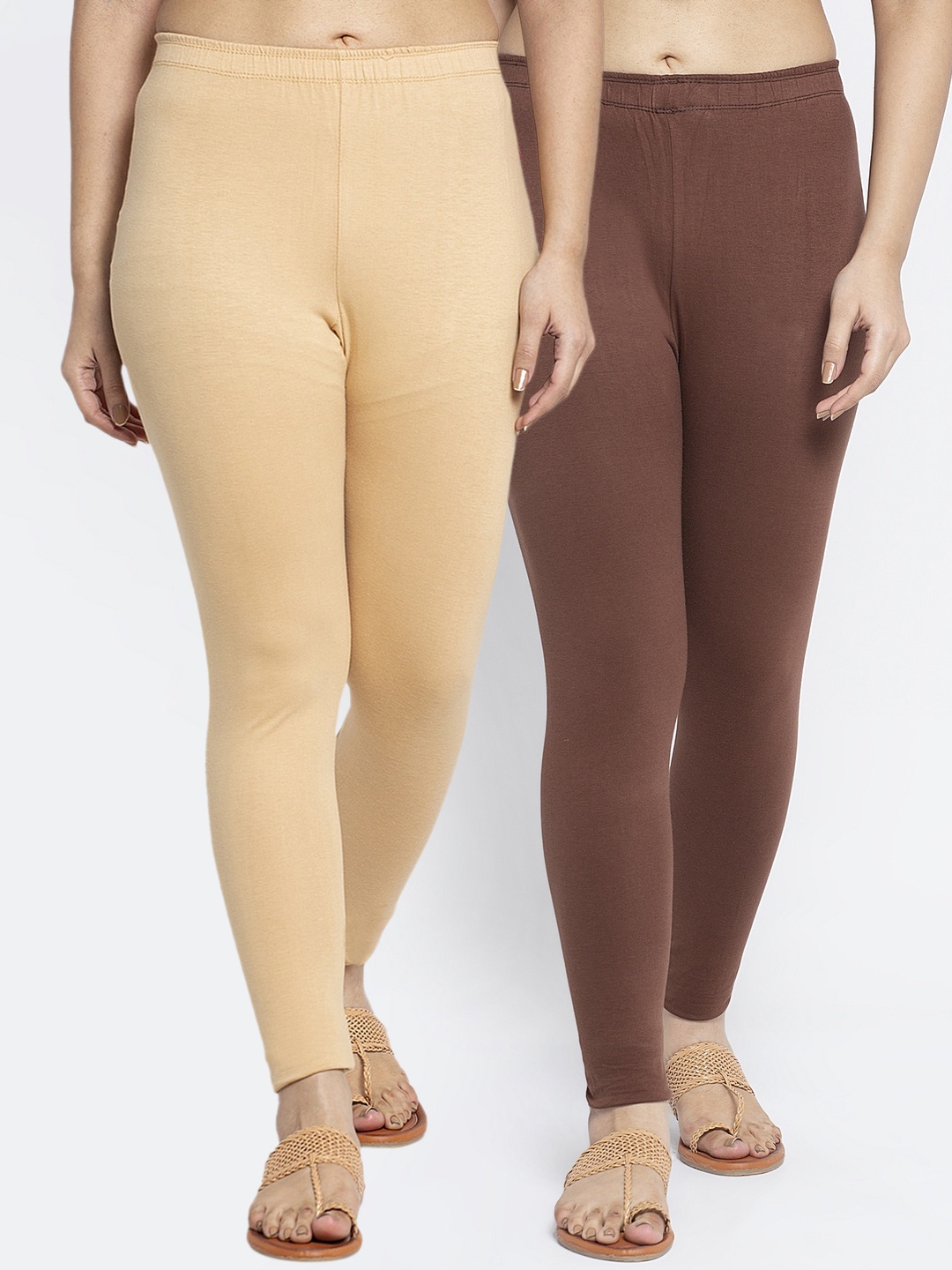 

GRACIT Women Pack Of 2 Solid Ankle Length Leggings, Beige