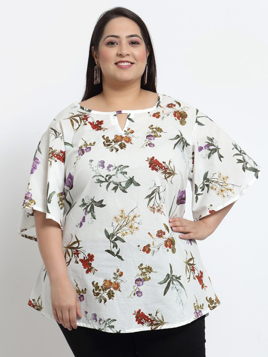 

KLOTTHE White Floral Print Keyhole Neck Top