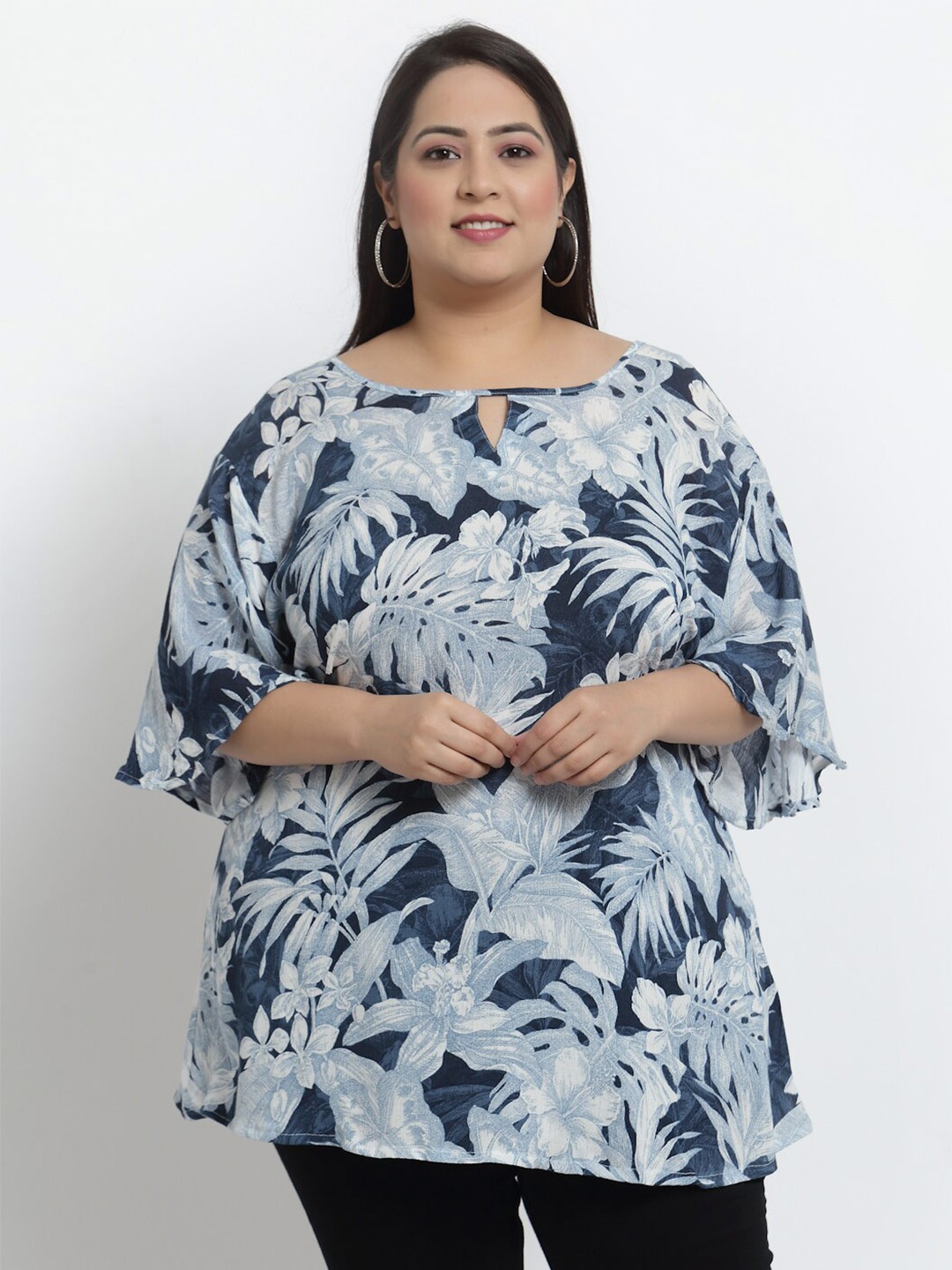 

KLOTTHE Blue & Grey Tropical Print Keyhole Neck Longline Top