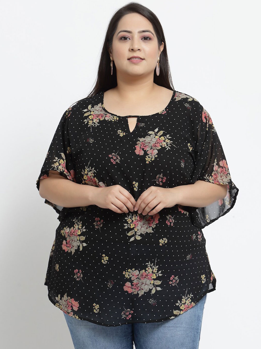 

KLOTTHE Black Floral Print Keyhole Neck Extended Sleeves Kaftan Top