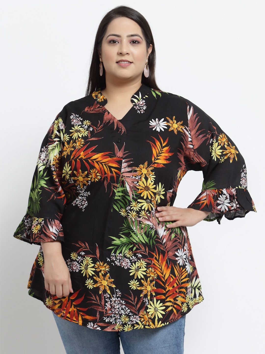 

KLOTTHE Women Black Floral Print Mandarin Collar Wrap Longline Top