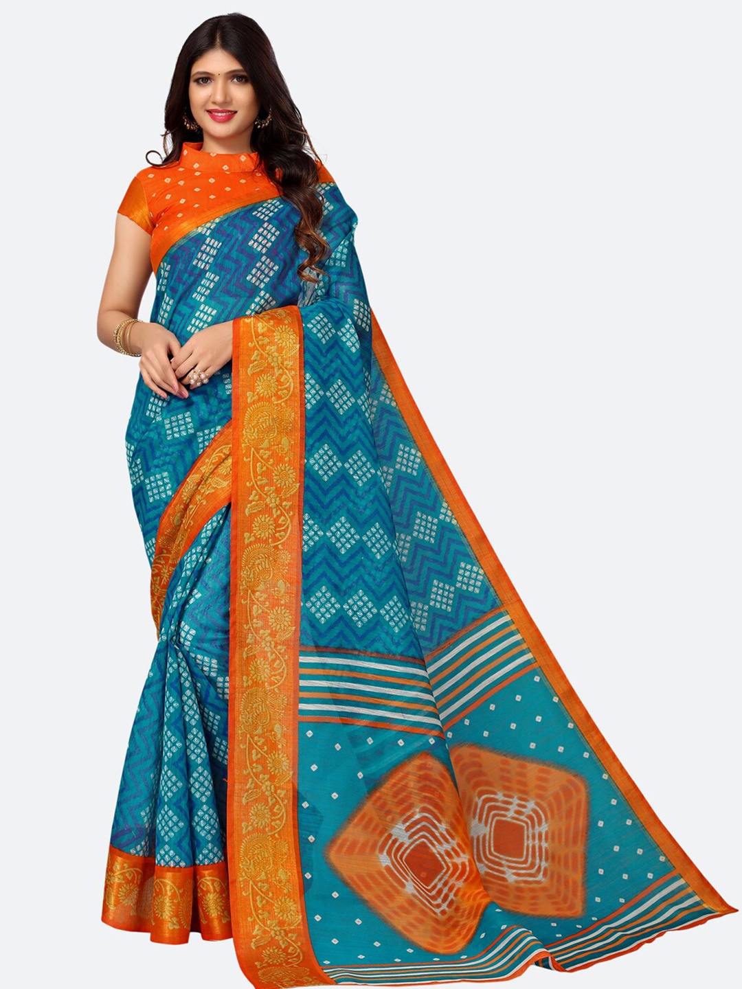 

KALINI Blue & Orange Bandhani Print Zari border saree